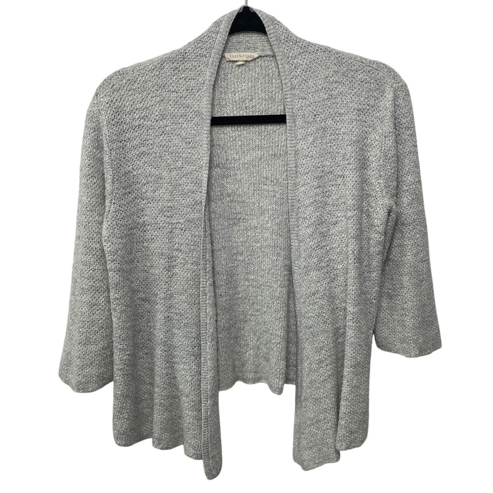 Eileen Fisher Gray Linen Blend Open Front Cardigan Knit Sweater Women Large Prep